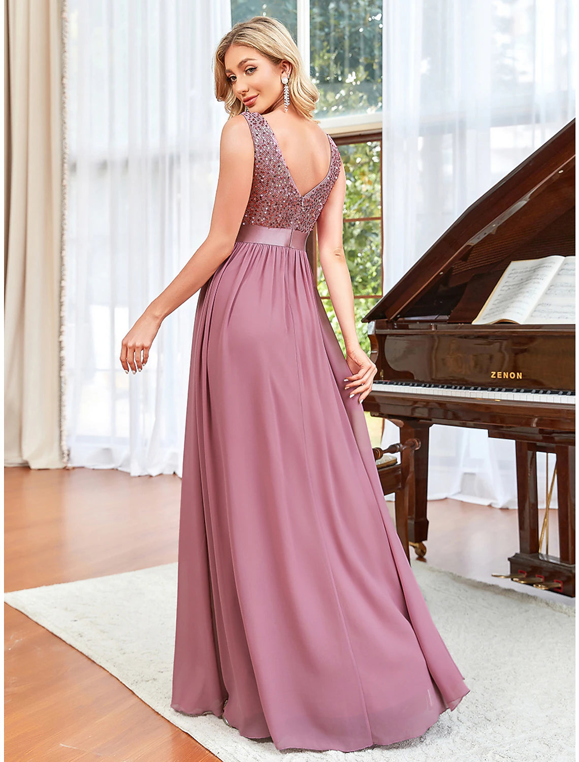 Wholesale A-Line Prom Dresses Elegant Dress Wedding Guest Floor Length Sleeveless V Neck Chiffon V Back with Draping Pure