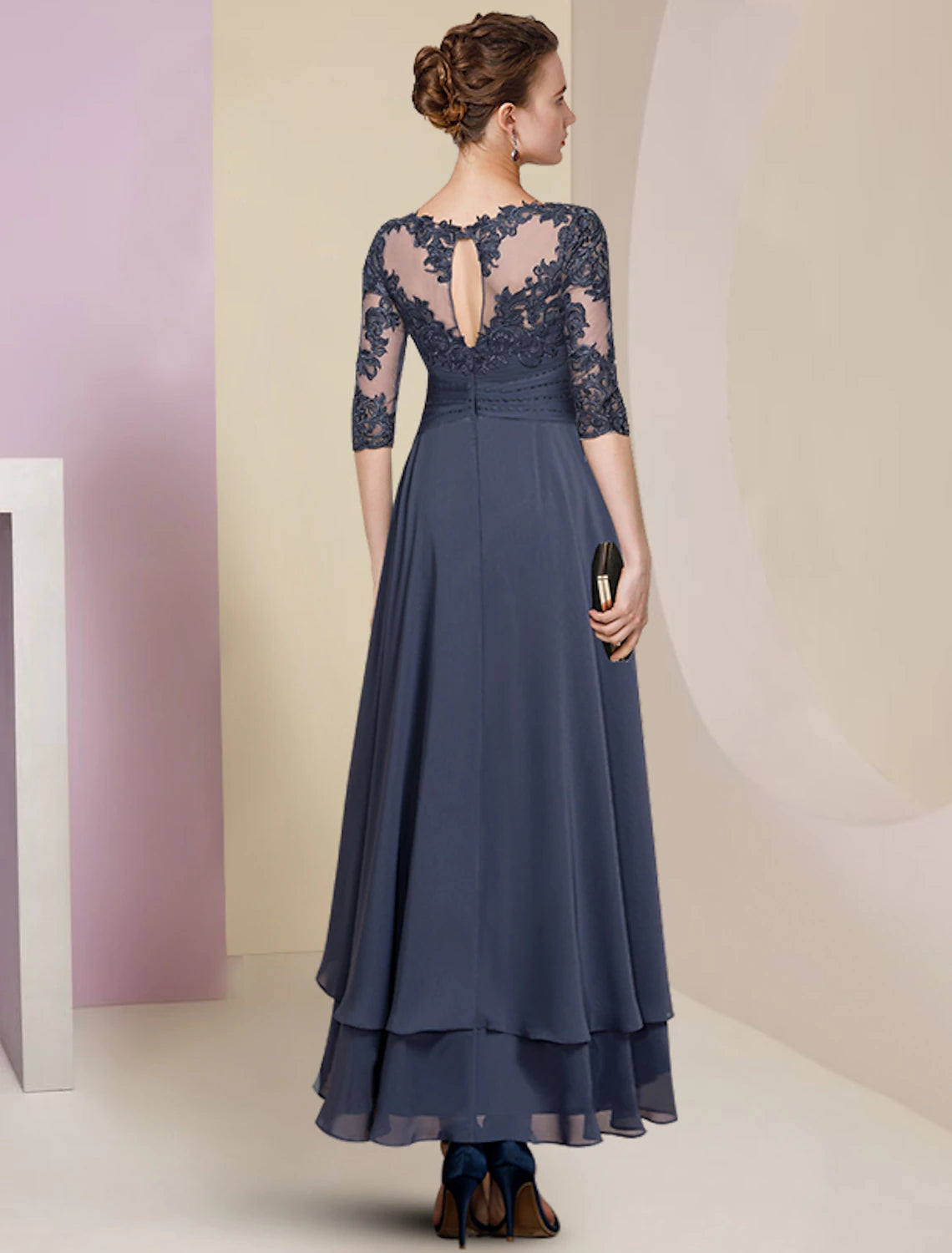 Wholesa Sheath / Column Mother of the Bride Dress Wedding Guest Party Elegant High Low Jewel Neck Asymmetrical Chiffon Lace Half Sleeve with Pleats Solid Color