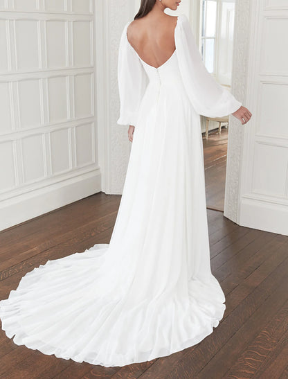 Wholesa Hall Casual Wedding Dresses A-Line Square Neck Long Sleeve Court Train Chiffon Bridal Gowns With Bow(s) Solid Color