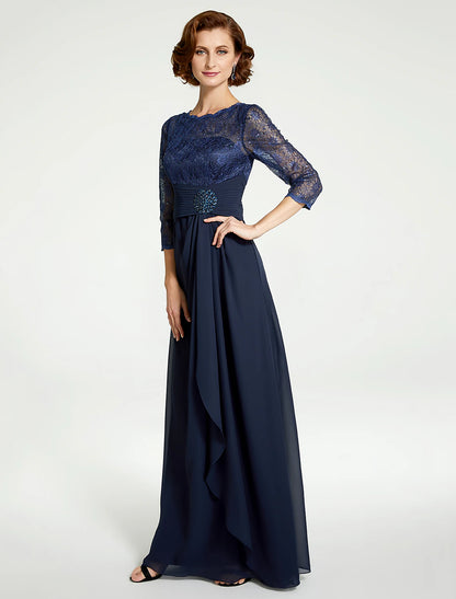 wholesale A-Line Mother of the Bride Dress Jewel Neck Floor Length Chiffon Lace 3/4 Length Sleeve with Lace Ruching