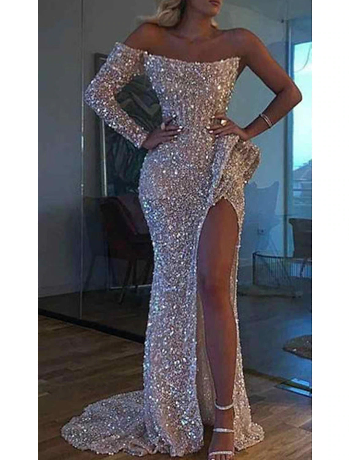 Wholesa Mermaid Dress Evening Gown Red Green Dress Formal Wedding Court Train Long Sleeve One Shoulder Sequined with Sequin Slit