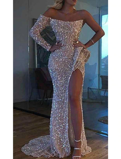 Wholesa Mermaid Dress Evening Gown Red Green Dress Formal Wedding Court Train Long Sleeve One Shoulder Sequined with Sequin Slit