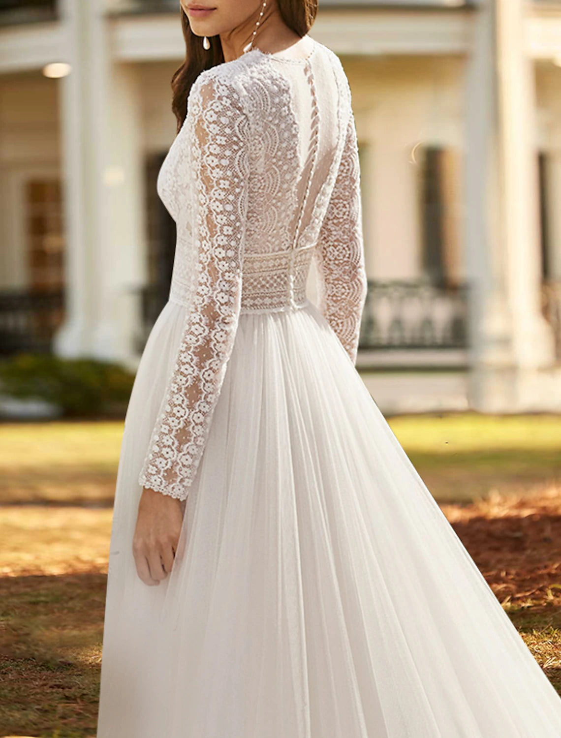 Wholesa Beach Boho Wedding Dresses A-Line V Neck Long Sleeve Court Train Lace Bridal Gowns With Split Front