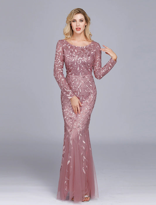 wholesale   Mermaid / Trumpet Empire Elegant Party Wear Formal Evening Valentine's Day Dress Jewel Neck Long Sleeve Floor Length Tulle with Embroidery