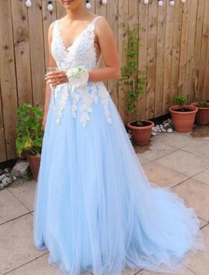 Wholesale A-line/Princess V Neck Sleeveless Court Train Tulle Prom Dress With Appliqued