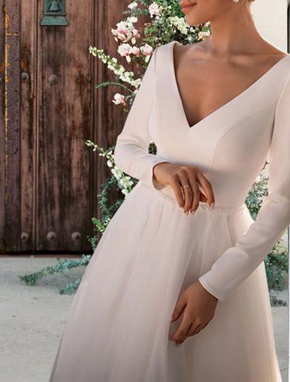 Wholesa Reception Simple Wedding Dresses Wedding Dresses Sheath / Column V Neck Sleeveless Ankle Length Satin Bridal Gowns With / Solid Color