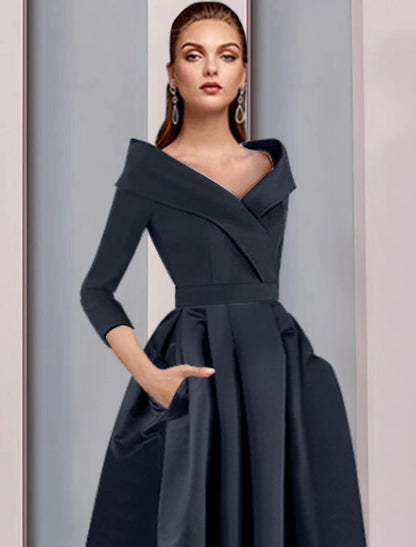 Wholesa  A-Line Mother of the Bride Dress Wedding Guest Elegant High Low Sweet Spaghetti Strap Asymmetrical Tea Length Satin 3/4 Length Sleeve with Pleats Fall