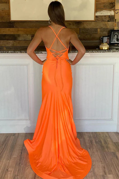 Wholesale Fashion Orange Evening Dress Straps Satin Mermaid Long Prom Dress