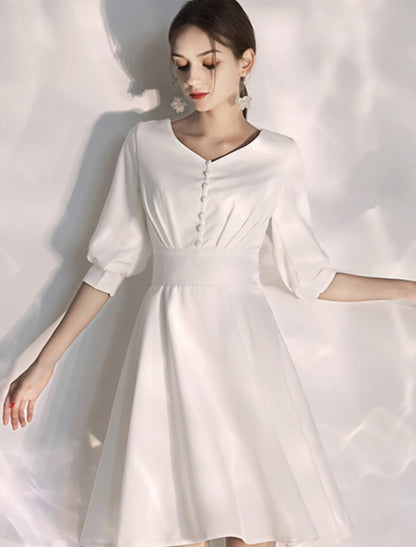 Wholesale Reception Little White Dresses Wedding Dresses A-Line V Neck Half Sleeve Knee Length Stretch Fabric Bridal Gowns With Summer Wedding Party