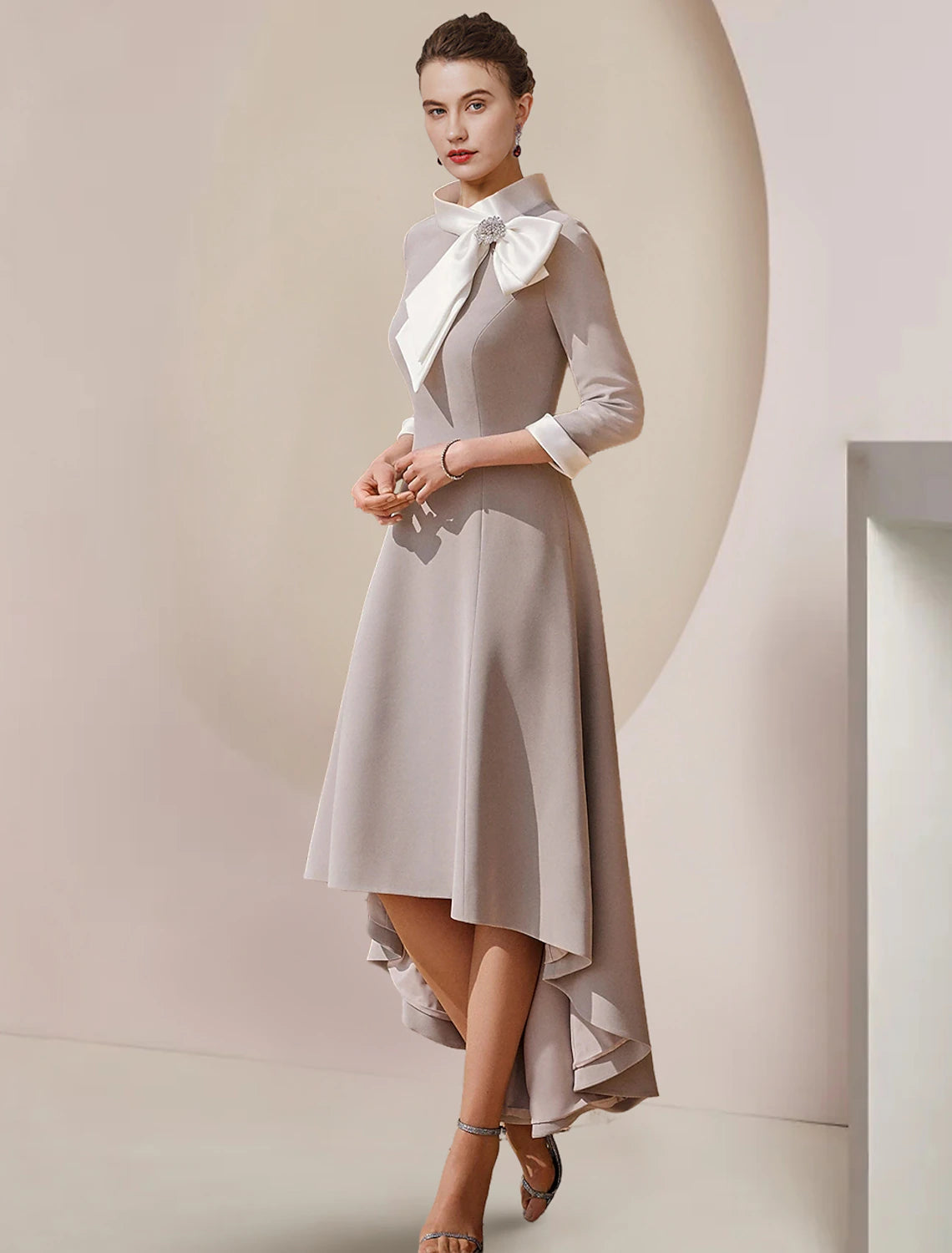 wholesale  A-Line Mother of the Bride Dress Formal Wedding Guest Party Elegant High Neck Asymmetrical Tea Length Satin 3/4 Length Sleeve with Bow(s) Crystal Brooch