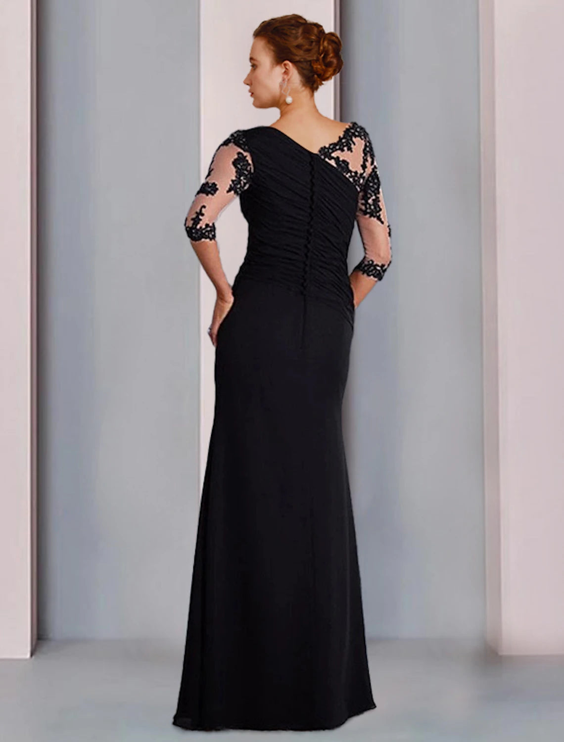 wholesale Sheath / Column Mother of the Bride Dress Formal Fall Wedding Guest Dresses Elegant Jewel Neck Floor Length Chiffon Lace 3/4 Length Sleeve with Beading Appliques