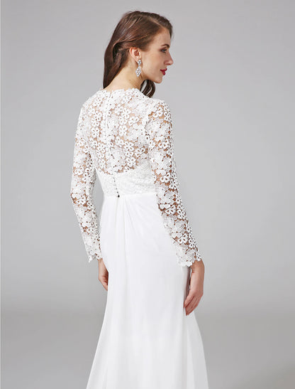 Wholesale Beach Royal Style Boho Wedding Dresses Sheath / Column Illusion Neck Long Sleeve Sweep / Brush Train Chiffon Bridal Gowns With Lace Button 2023 Summer Wedding Party