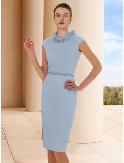 Wholesa Two Piece Sheath / Column Mother of the Bride Dress Wedding Guest Elegant Petite Scoop Neck Knee Length Satin 3/4 Length Sleeve with Feather Beading