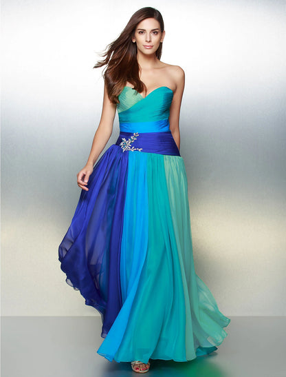 Wholesale A-Line Color Block Dress Wedding Guest Floor Length Sleeveless Sweetheart Chiffon Backless with Ruched Crystals