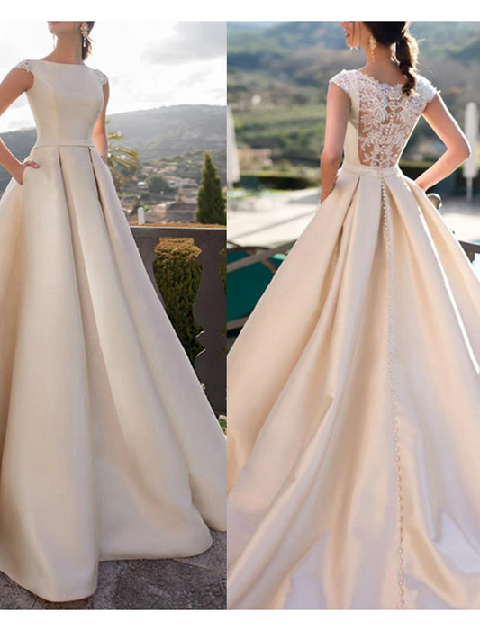 Wholesa Hall Royal Style Wedding Dresses A-Line Scoop Neck Sleeveless Court Train Satin Bridal Gowns With Pearls Appliques