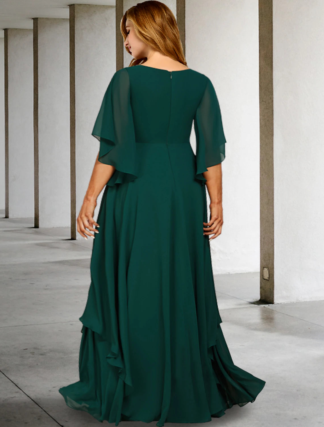 Wholesa  A-Line Mother of the Bride Dresses Plus Size Hide Belly Curve Elegant Dress Formal Sweep / Brush Train Half Sleeve V Neck Chiffon with Ruffles Strappy