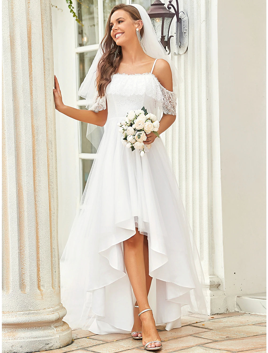 Wholesale Reception Little White Dresses Boho Wedding Dresses A-Line Off Shoulder Short Sleeve Asymmetrical Lace Bridal Gowns With Lace Draping Summer Wedding Party