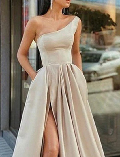 Wholesa A-Line Prom Dresses Sexy Dress Formal Wedding Guest Floor Length Sleeveless One Shoulder Satin with Pleats Slit