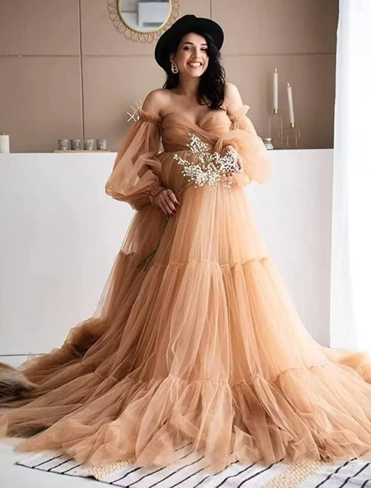 Wholesale Ball Gown Prom Dresses Maternity Dress Formal Sweep / Brush Train Long Sleeve Sweetheart Tulle with Pleats Ruffles