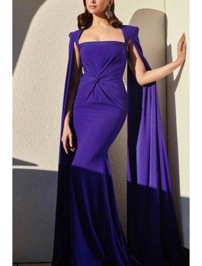 Wholesa A-Line Evening Gown Elegant Cape Dress Formal Wedding Guest Sweep / Brush Train Sleeveless Square Neck Stretch Fabric with Pleats Ruched