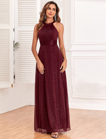 Wholesa A-Line Evening Gown Empire Dress Evening Party Dress Wedding Reception Floor Length Sleeveless Halter Neck Polyester Backless V Back with Glitter