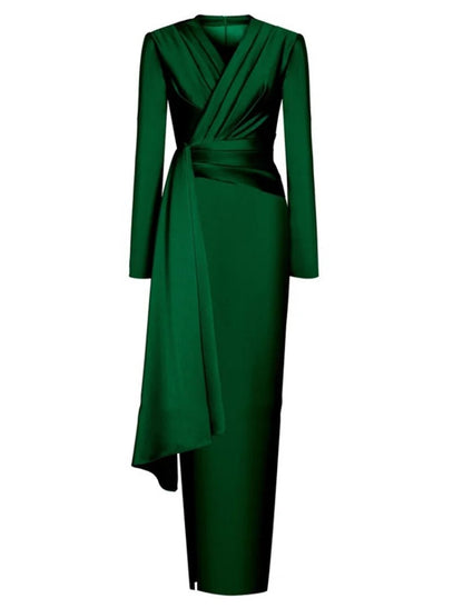 Wholesa A-Line Evening Black Dress Christmas Elegant Dress Formal Ankle Length Long Sleeve V Neck Satin with Ruched Slit