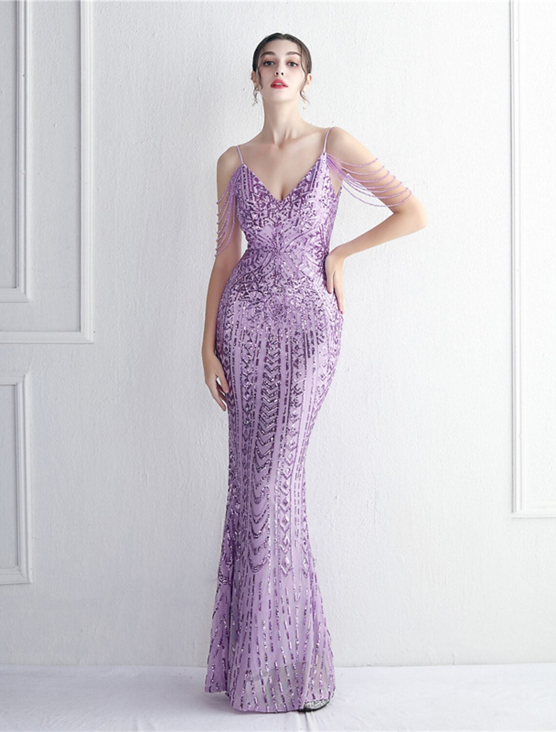 Wholesa Mermaid / Trumpet Evening Gown Sparkle & Shine Dress Formal Wedding Guest Floor Length Short Sleeve Spaghetti Strap Polyester with Beading Sequin