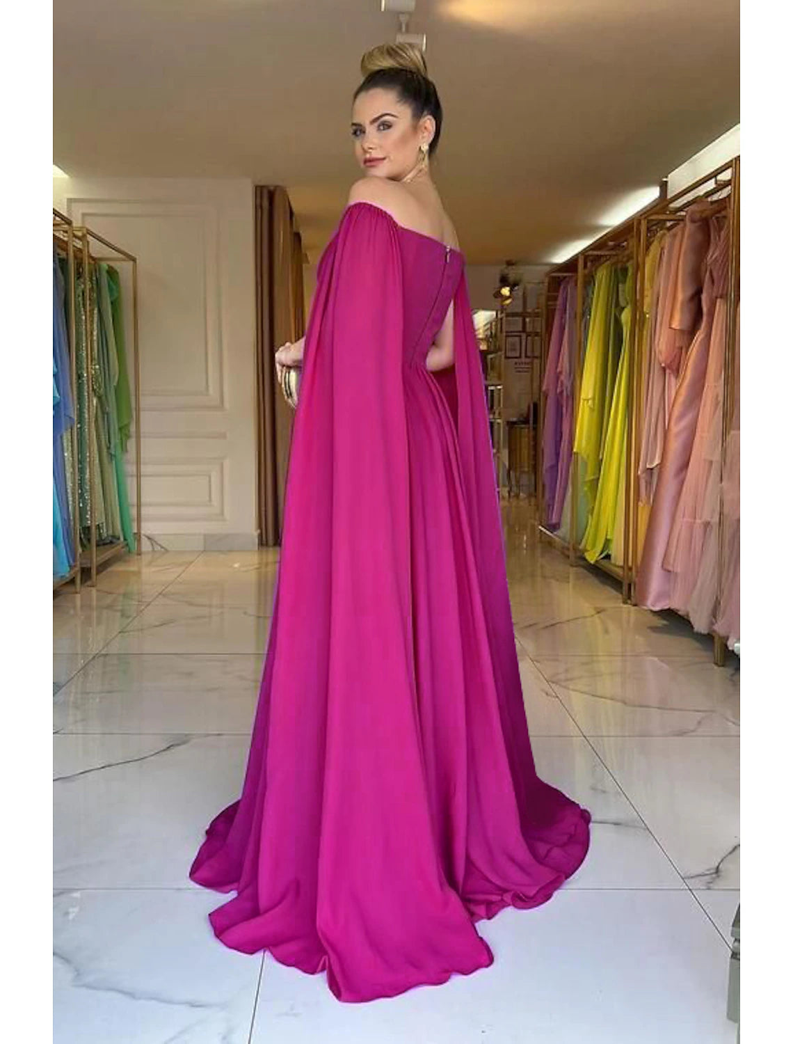 wholesale  A-Line Evening Gown Elegant Dress Formal Sweep / Brush Train Sleeveless Off Shoulder Capes Chiffon with Pleats