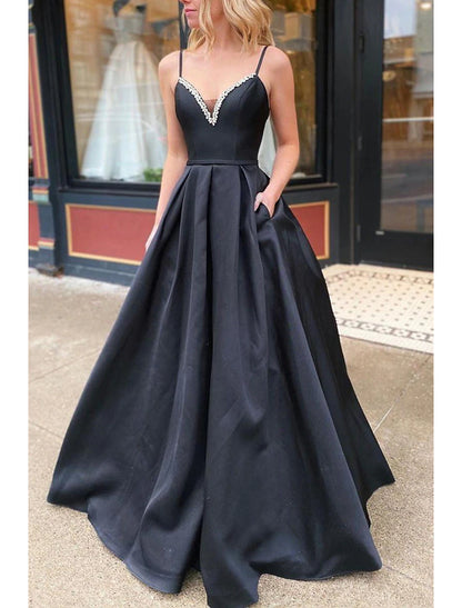 wholesale  A-Line Prom Dresses Open Back Dress Formal Floor Length Sleeveless V Neck Pocket Stretch Satin Backless with Pleats Beading Pocket