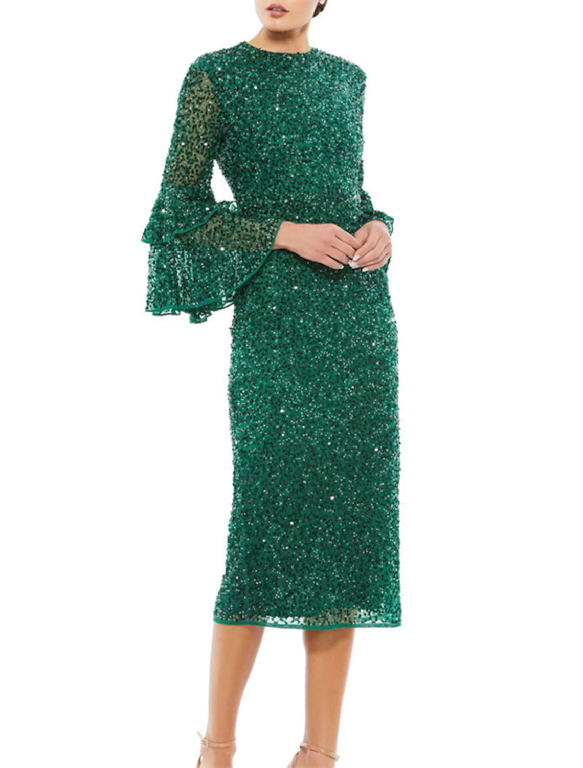 Wholesa Sheath / Column Cocktail Dresses Party Dress Wedding Guest Party Wear Tea Length 3/4 Length Sleeve Jewel Neck Sequined with Sequin Ruffles