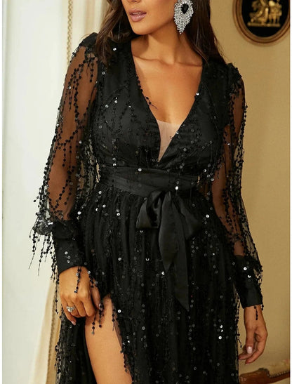 Wholesa A-Line Evening Gown Elegant Dress Formal Sweep / Brush Train Long Sleeve V Neck Sequined with Glitter Slit Strappy