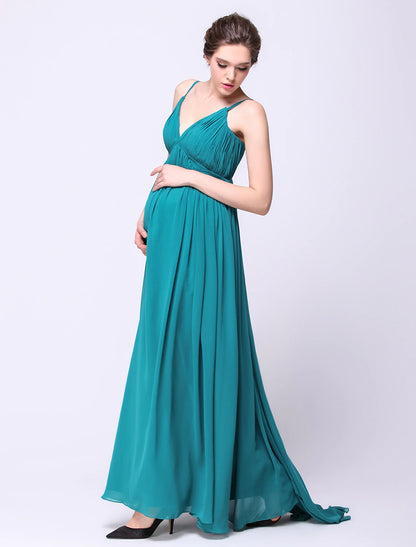 Wholesa A-Line Open Back Formal Evening Dress Spaghetti Strap Sleeveless Sweep / Brush Train Chiffon with Draping