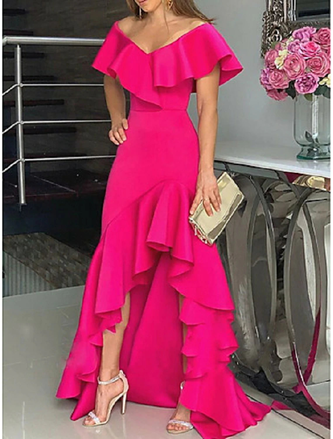 Wholesa A-Line Evening Gown Minimalist Dress Wedding Guest Homecoming Asymmetrical Sleeveless Off Shoulder Stretch Satin with Ruffles Slit