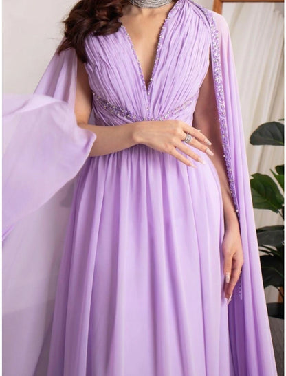 Wholesa A-Line Evening Gown Elegant Dress Formal Fall Court Train Long Sleeve V Neck Chiffon with Pleats Sequin