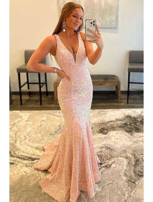 Wholesa Mermaid / Trumpet Prom Dresses Sparkle & Shine Dress Formal Prom Sweep / Brush Train Sleeveless V Neck Sequined Backless with Sequin