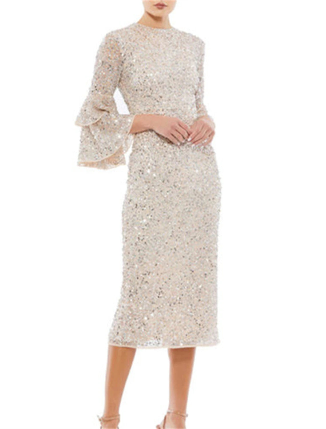 Wholesa Sheath / Column Cocktail Dresses Party Dress Wedding Guest Party Wear Tea Length 3/4 Length Sleeve Jewel Neck Sequined with Sequin Ruffles