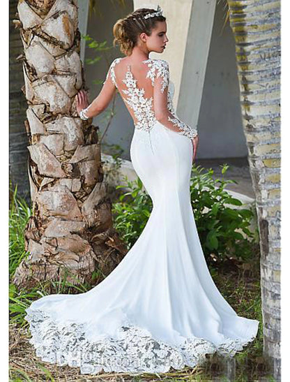 Wholesale Engagement Open Back Formal Fall Wedding Dresses Mermaid / Trumpet Illusion Neck Long Sleeve Court Train Lace Bridal Gowns With Appliques Summer Wedding Party