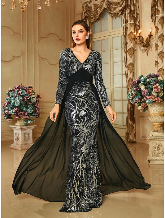 Wholesa Sheath / Column Evening Gown Elegant Dress Formal Sweep / Brush Train Long Sleeve V Neck Sequined with Glitter Pleats