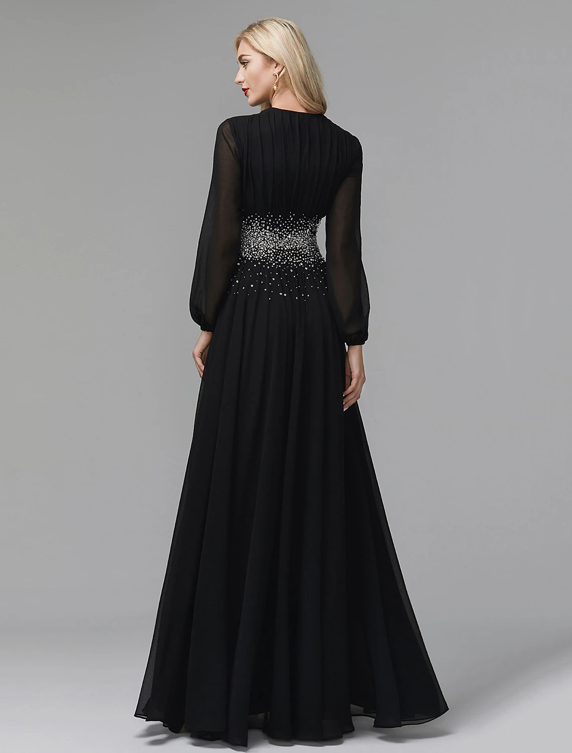 Wholesale A-Line Evening Dress Celebrity Red Carpet Formal Gown Black Tie Wedding Guest Floor Length Long Sleeve V Neck Chiffon with Sequin