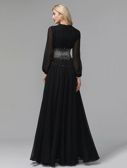 Wholesale A-Line Evening Dress Celebrity Red Carpet Formal Gown Black Tie Wedding Guest Floor Length Long Sleeve V Neck Chiffon with Sequin