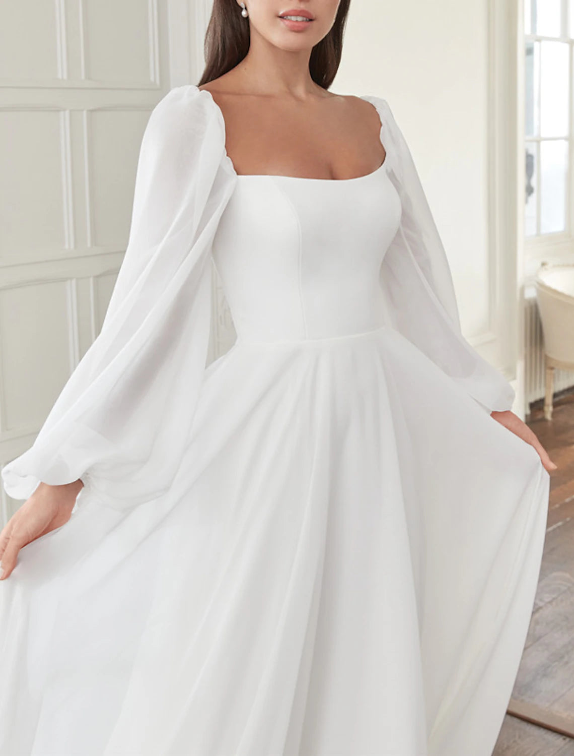 Wholesa Hall Casual Wedding Dresses A-Line Square Neck Long Sleeve Court Train Chiffon Bridal Gowns With Bow(s) Solid Color