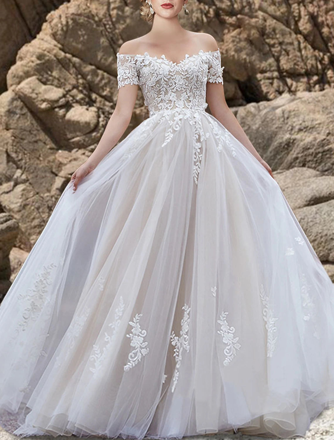 Wholesa Engagement Gothic Wedding Dresses in Color Formal Wedding Dresses A-Line Off Shoulder Short Sleeve Sweep / Brush Train Lace Bridal Gowns With Bow(s) Appliques