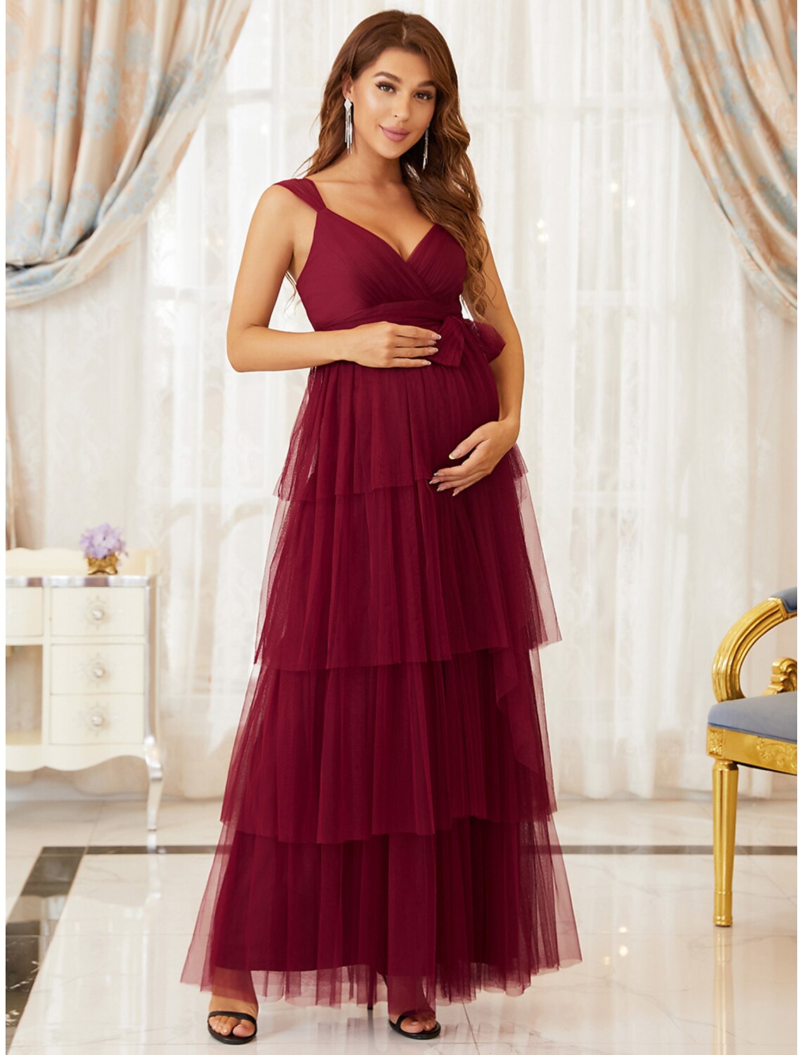 wholesale   A-Line Maternity Cute Formal Evening Dress V Neck Sleeveless Floor Length Tulle with Tier Pure Color