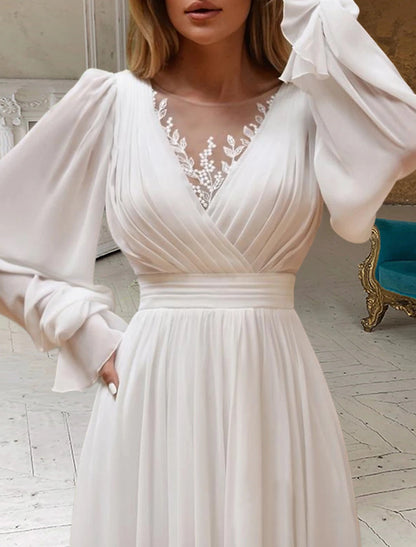 Wholesa Bridal Shower Little White Dresses Wedding Dresses A-Line Scoop Neck Long Sleeve Sweep / Brush Train Chiffon Bridal Gowns With Pleats Appliques