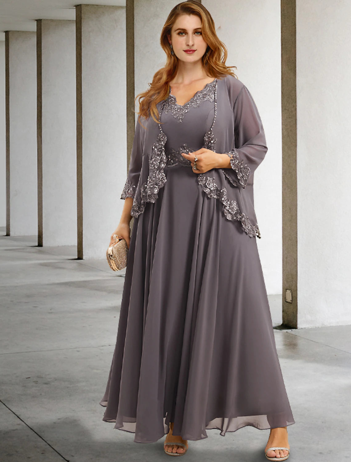 Wholesa Two Piece A-Line Wedding Guest Dresses Plus Size Hide Belly Elegant Dress Formal Tea Length Sleeveless V Neck Chiffon with Appliques