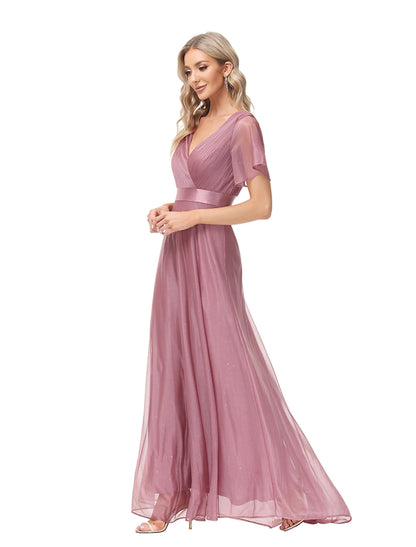 wholesale  A-Line Evening Gown Empire Dress Wedding Guest Floor Length Short Sleeve V Neck Tulle with Ruched Ruffles