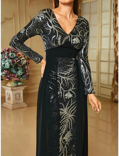 Wholesa Sheath / Column Evening Gown Elegant Dress Formal Sweep / Brush Train Long Sleeve V Neck Sequined with Glitter Pleats