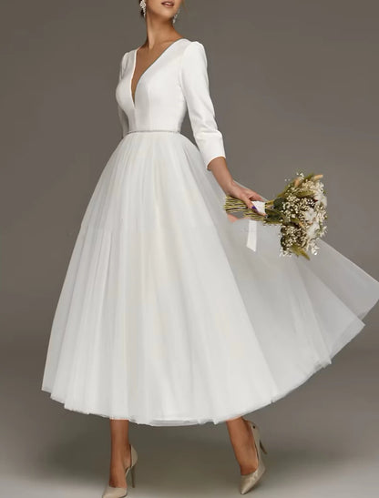 Wholesa Bridal Shower Simple Wedding Dresses Wedding Dresses A-Line Off Shoulder Cap Sleeve Tea Length Chiffon Bridal Gowns With Ruched Split Front