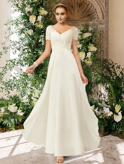 Wholesale Beach Wedding Dresses A-Line V Neck Short Sleeve Floor Length Chiffon Bridal Gowns With Pleats Appliques Summer Wedding Party