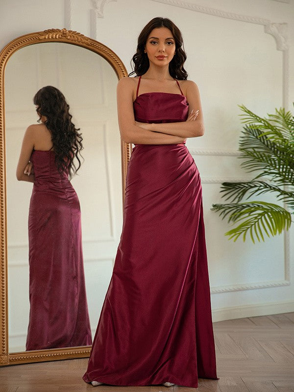 Wholesa Sheath/Column Woven Satin Ruched Halter Sleeveless Floor-Length Dresses